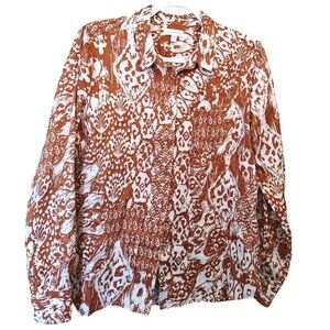 Garnet Hill Rust Color Kat Print 100% Linen Top  Women’s Size 8 Beachy Travel